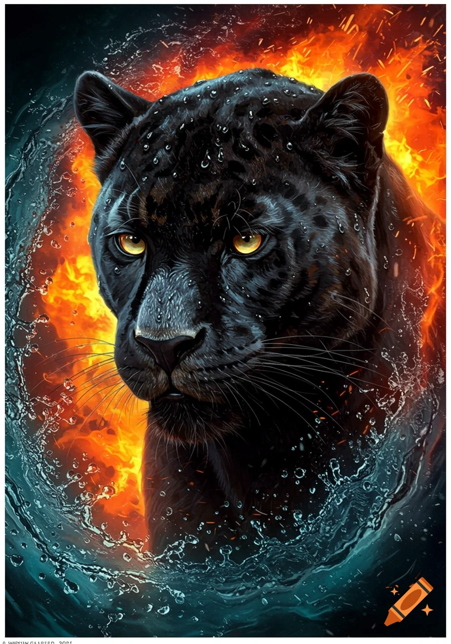 Close-up of a black panther with water splashing on the left and fire burning on the right, in a vibrant digital art style.