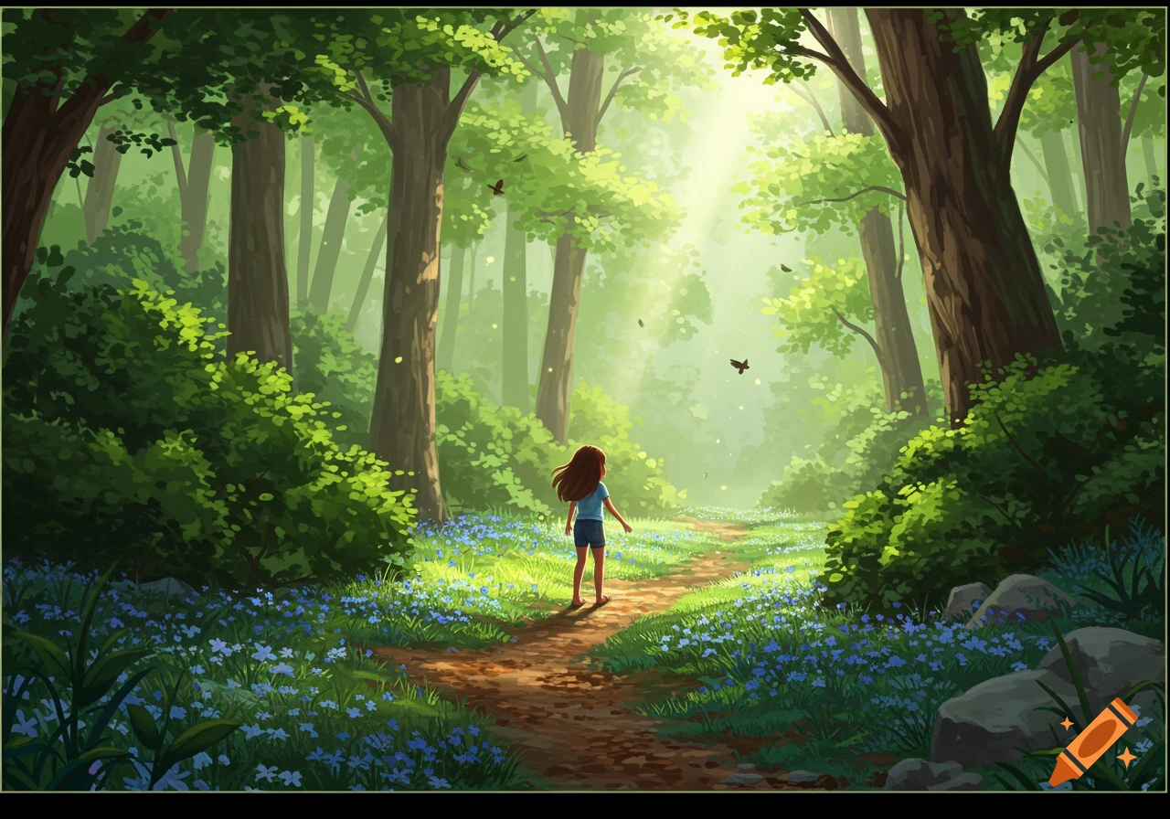 A young girl walks on a dirt path through a vibrant forest with blue ...