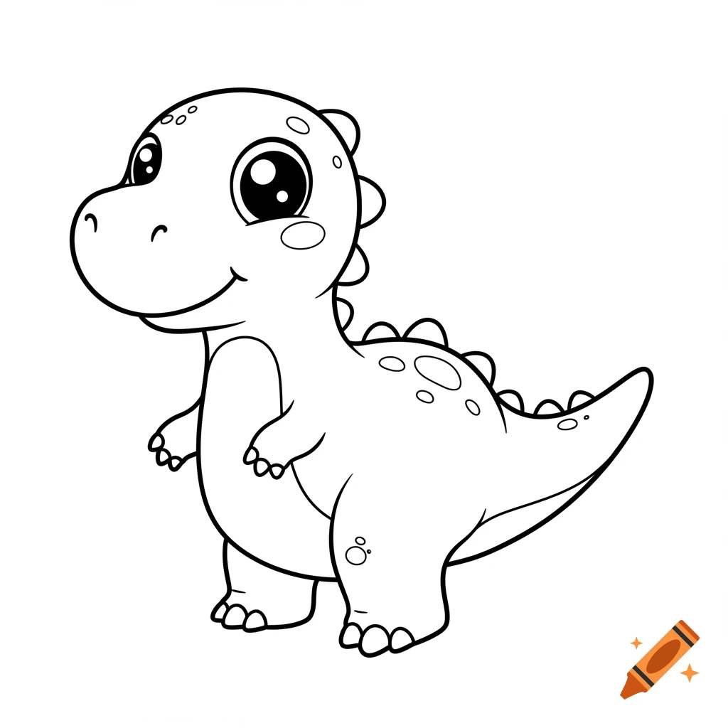 A cute, simple black and white line art drawing of a baby dinosaur in a kids' coloring page style.