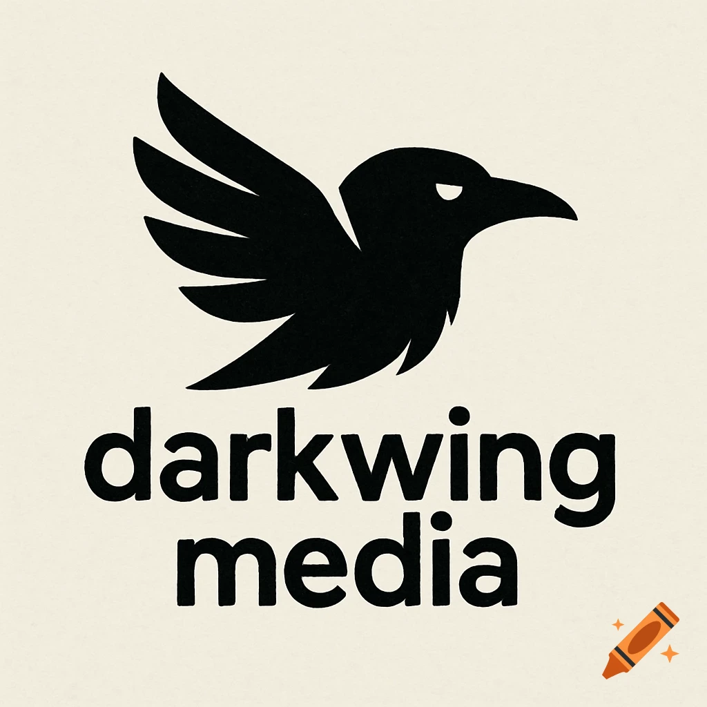 A black minimalist logo of a bird with outstretched wings above the text 'darkwing media' on a cream background.