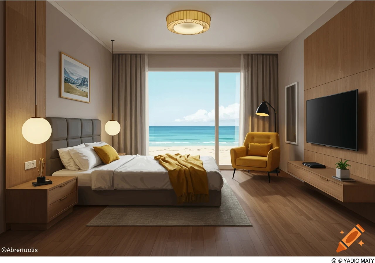 A modern bedroom with a large bed, yellow accents, and a window overlooking a beach. Digital illustration style.