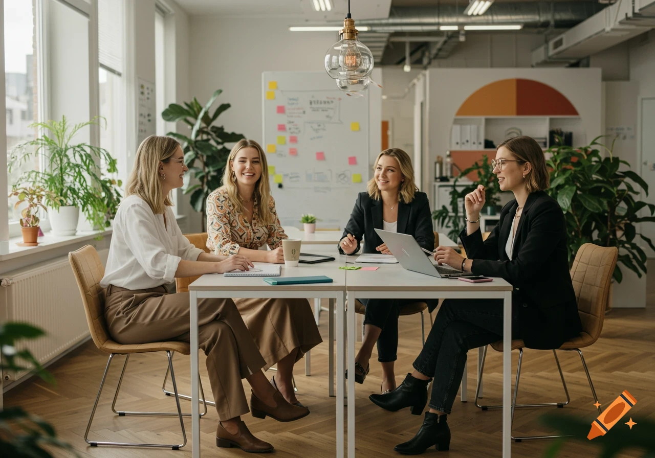 Four women in an office meeting around a table, smiling and talking.