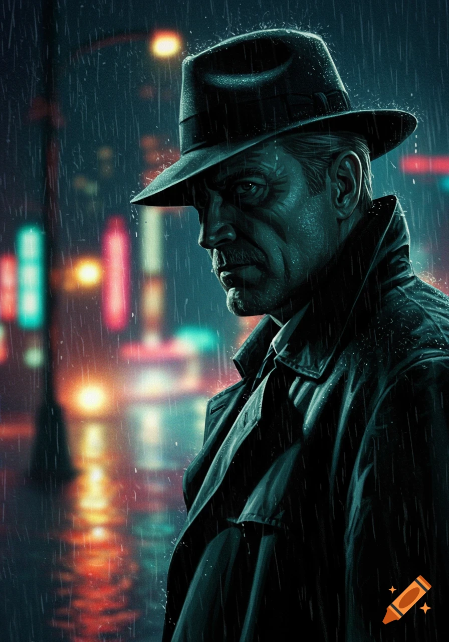 A moody illustration of a detective in a fedora and trench coat standing in the rain at night, with blurred city lights.