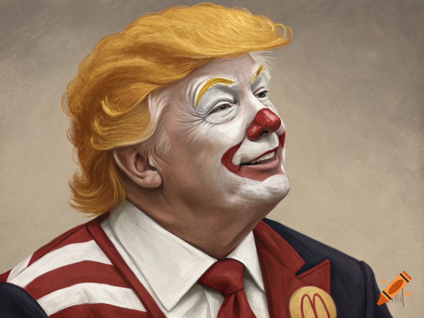 A satirical painted portrait of Donald Trump as a clown, with white face paint, a red nose and mouth, yellow eyebrows, and golden hair, wearing a suit with a red and white striped shirt and a red tie, featuring a yellow McDonald's "M" logo on his lapel.