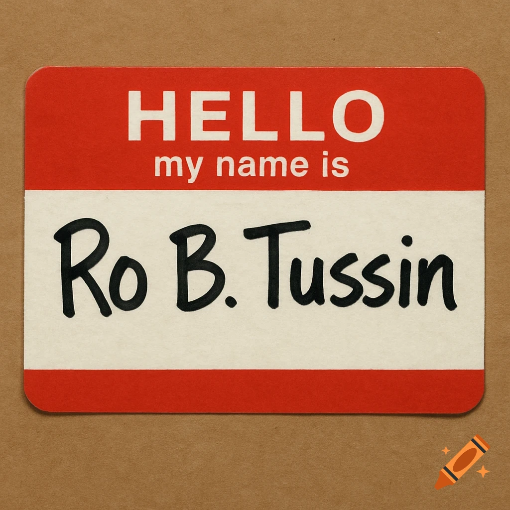 A red and white name tag reading 'HELLO my name is Ro B. Tussin' on a brown background.