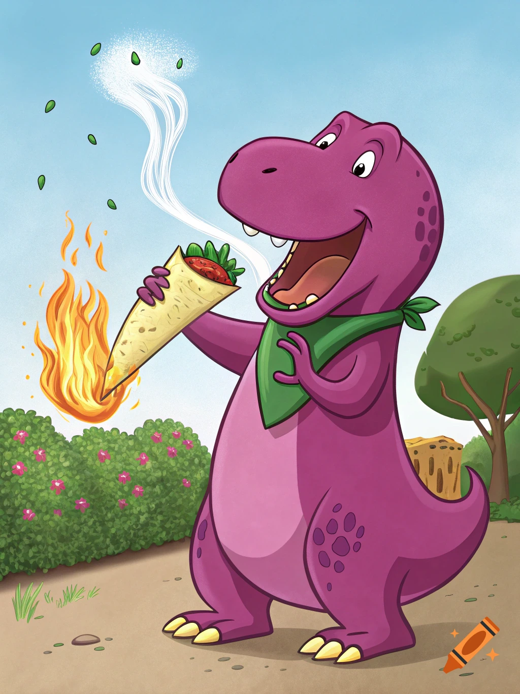A happy purple cartoon dinosaur, similar to Barney, holds a large burning burrito with smoke and leaves rising from it, in an outdoor setting.