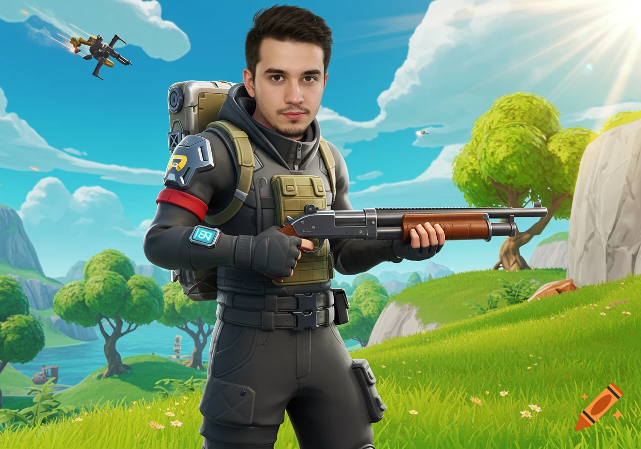 A man with a realistic face on a cartoonish Fortnite character's body, holding a shotgun in a vibrant, grassy landscape.