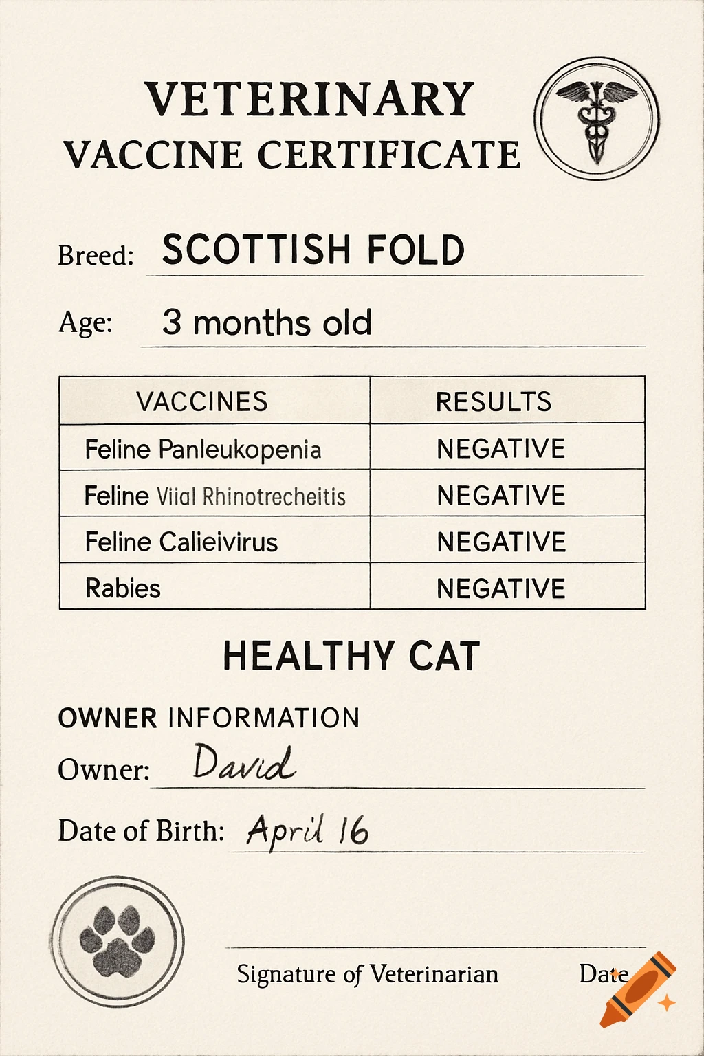 A beige veterinary vaccine certificate for a 3-month-old Scottish Fold cat, showing negative vaccine results and owner David.