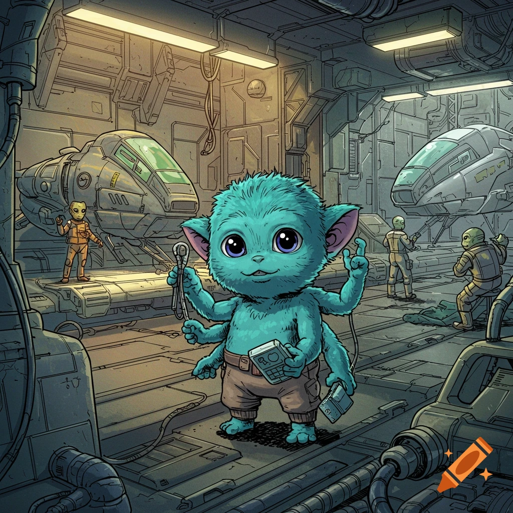 A cute, teal, six-armed furry alien stands in a futuristic space dock, holding tools, with other aliens and spaceships in a digital comic style.