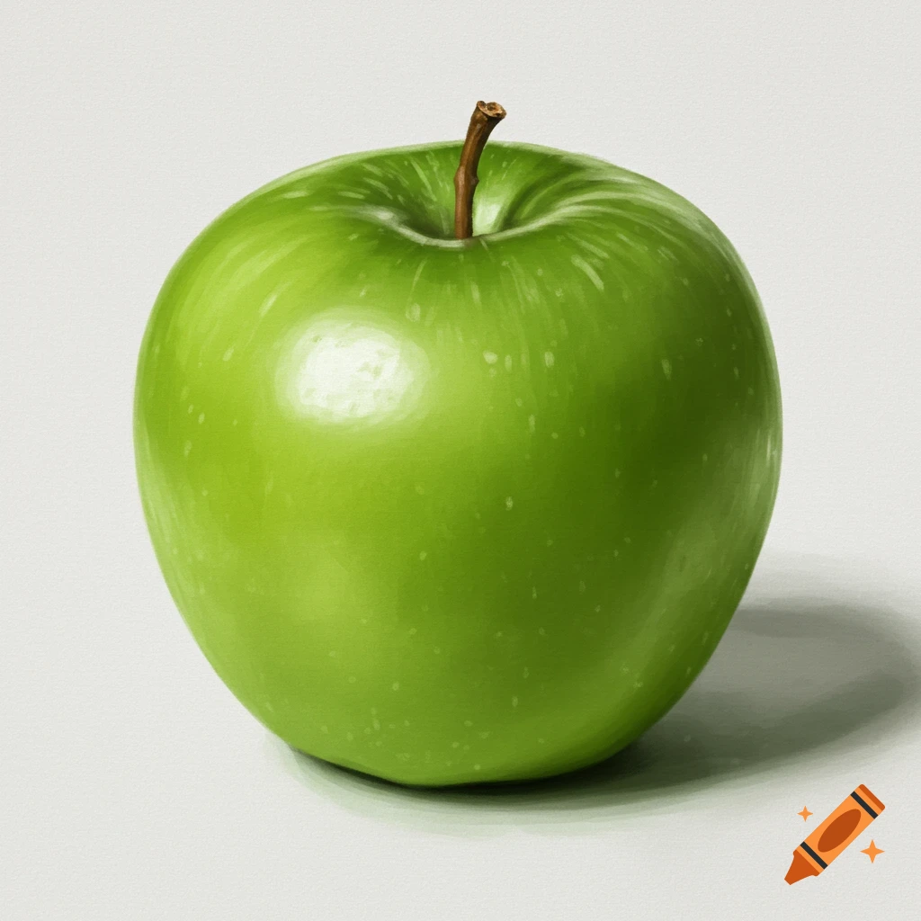 A single green apple with a brown stem, casting a shadow on a light background, in a realistic style.