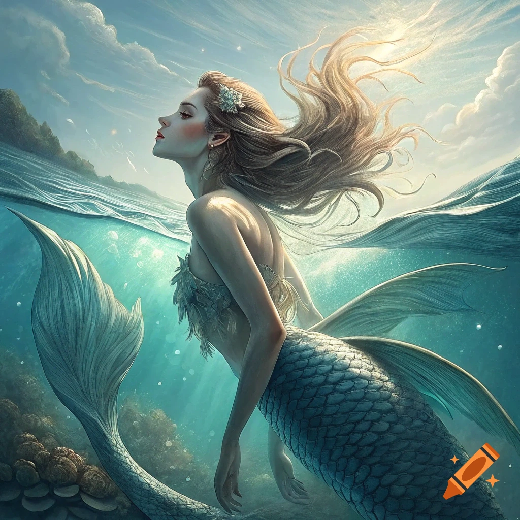 A beautiful mermaid with flowing blonde hair and a teal tail swims gracefully in sunlit water, looking towards the surface.