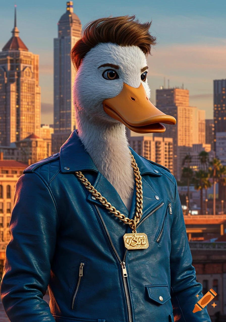 Anthropomorphic duck in a blue leather jacket and gold chain standing in a city at sunset, photorealistic style.