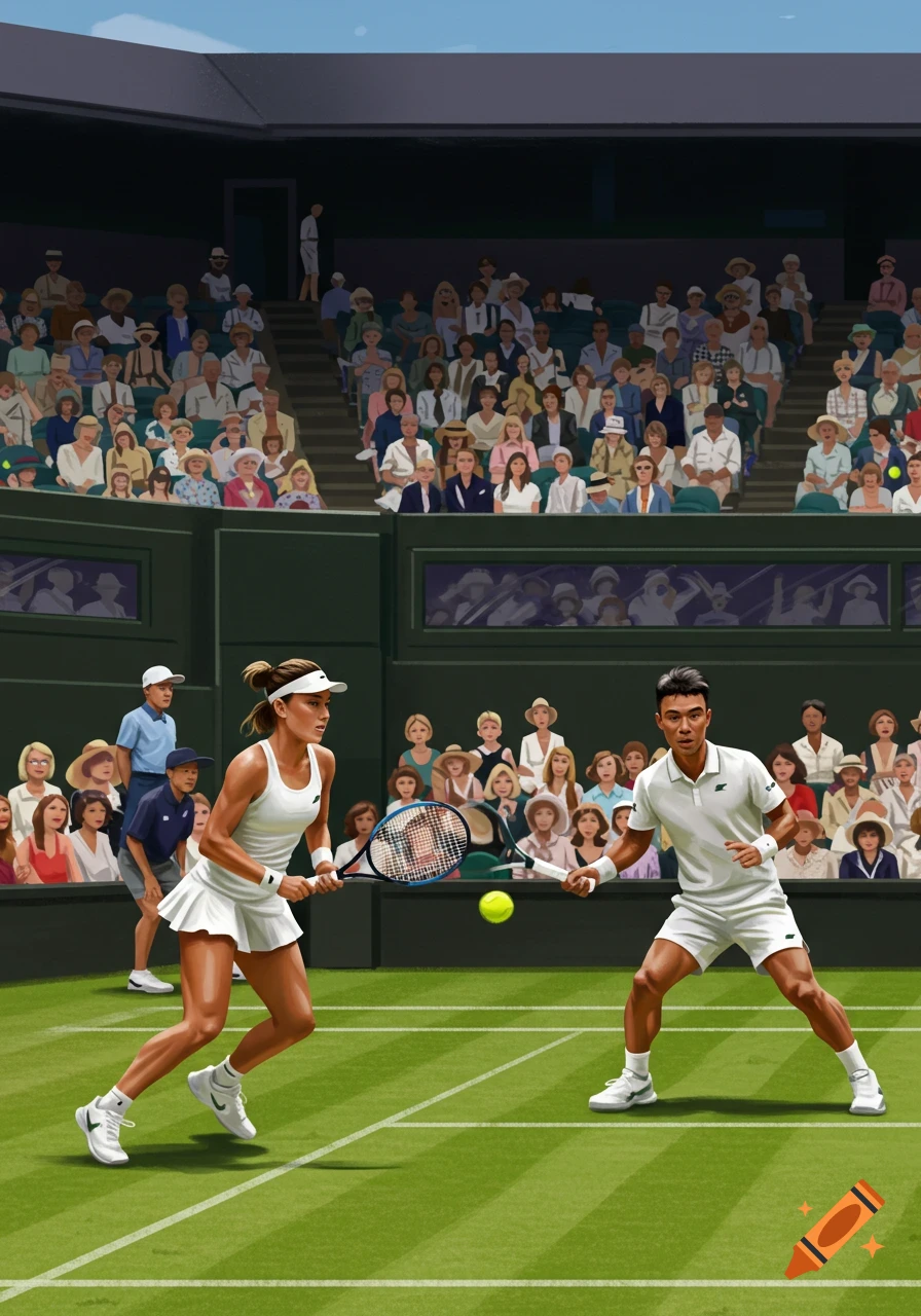 Two tennis players in white sportswear on a green court during a match, with a crowd of spectators in the background, in an illustrative style.