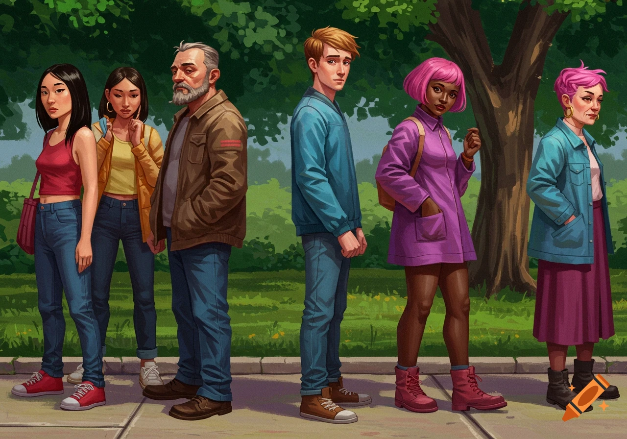 An illustration of six diverse people standing outdoors on a sidewalk next to a grassy area with trees.
