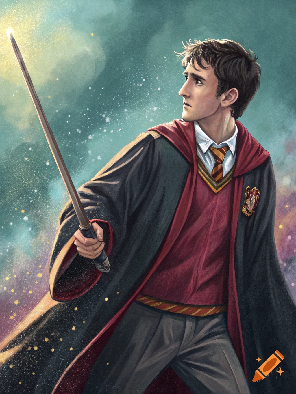 Painted portrait of Neville Longbottom from Harry Potter, holding a glowing wand and wearing a Hogwarts robe, looking concerned.