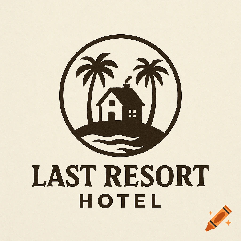 A minimalist logo with a house and two palm trees on an island within a circular border, with the text "LAST RESORT HOTEL" below.