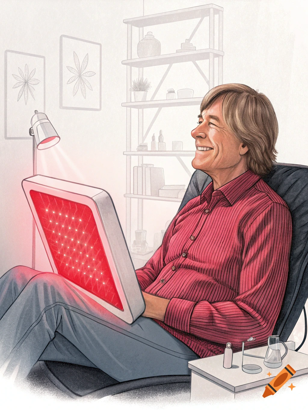 An illustration of a man resembling John Denver sitting in a chair, using a red light therapy device on his lap.