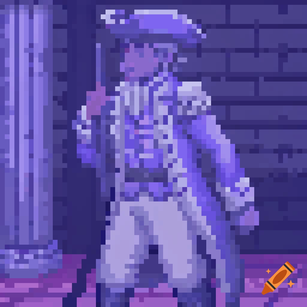 A pixel art sprite of a man in a blue and white historical uniform and a tricorn hat.