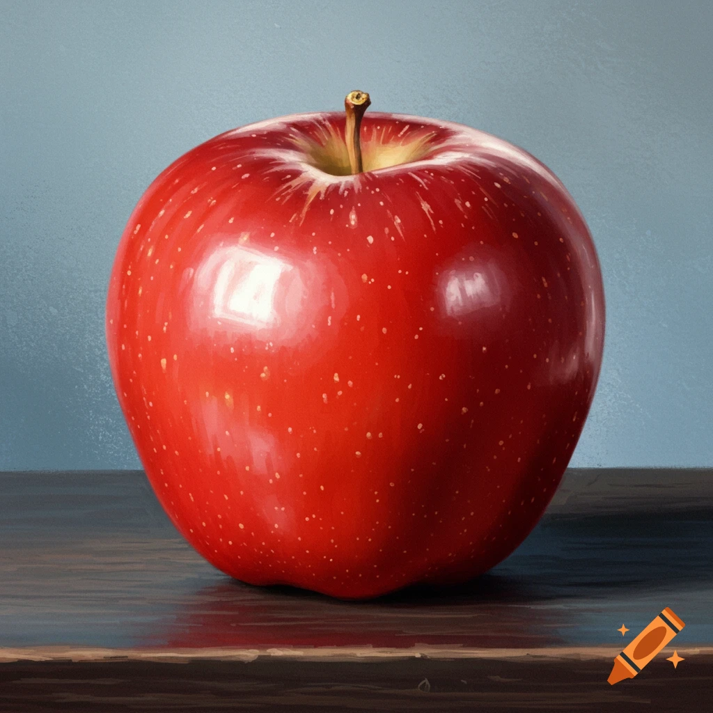 A vibrant red apple with a short stem sits on a dark wooden surface against a light blue background.