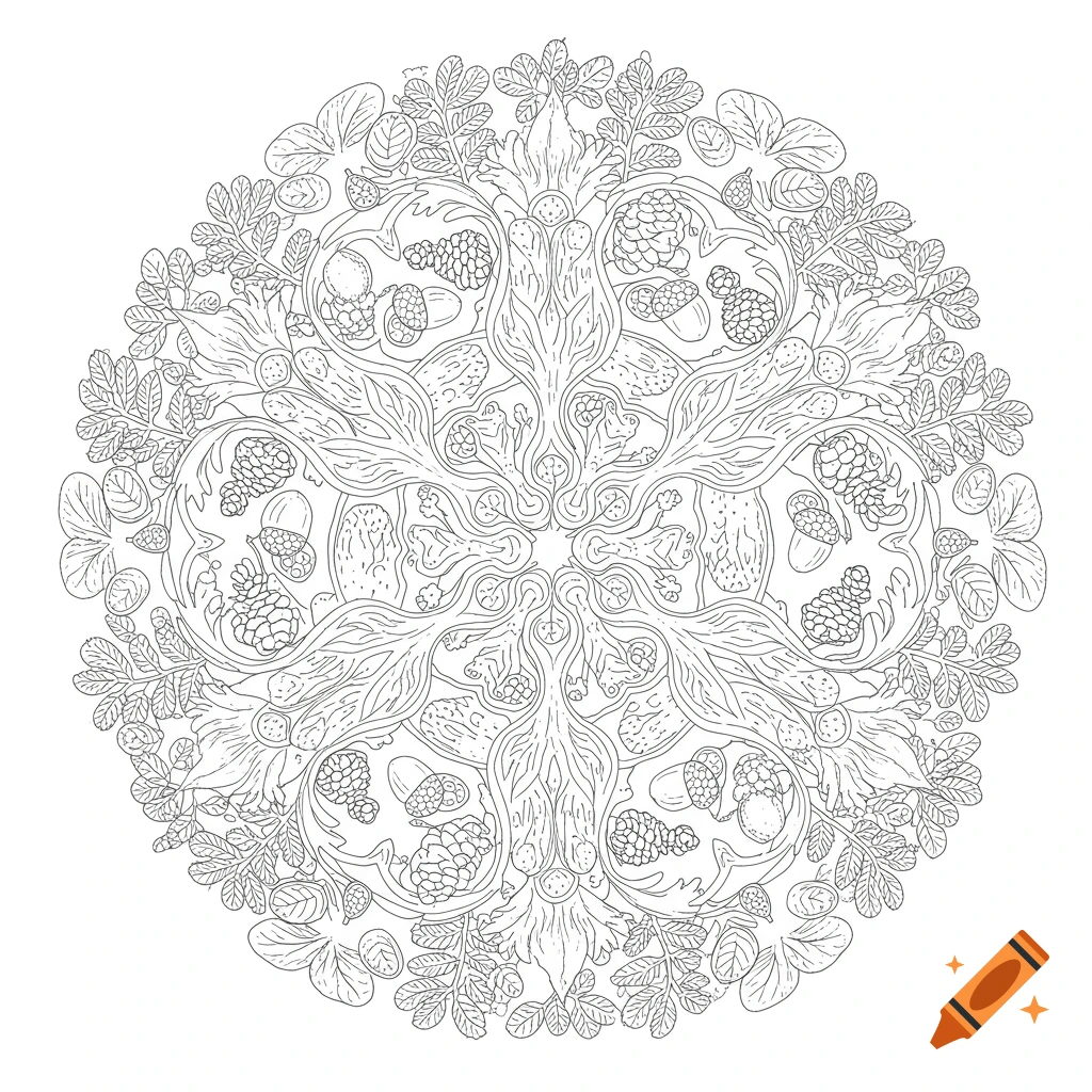 Detailed black and white forest-themed mandala line art, featuring leaves, acorns, and pinecones for a coloring book.