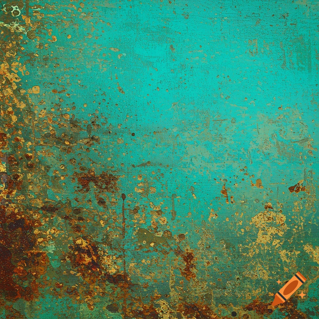 An abstract background with a vibrant turquoise base covered in a rusted and weathered patina texture.