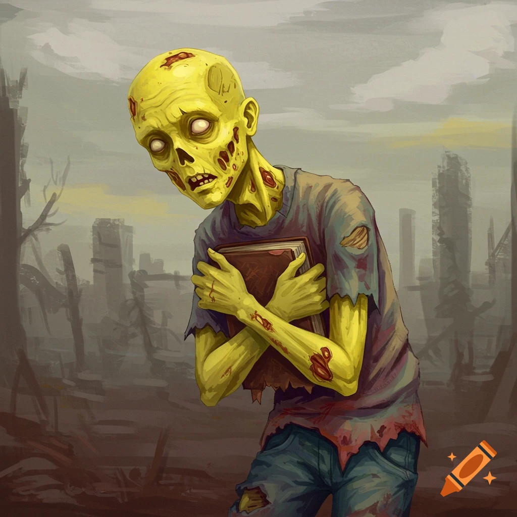 A cartoonish, yellow-skinned zombie with glowing eyes, torn clothes, and wounds, holding a book in a desolate, apocalyptic city setting.