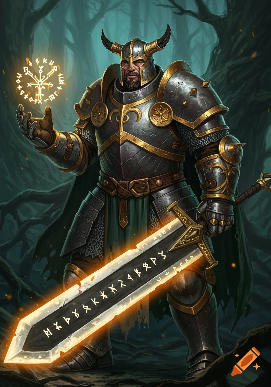 A heavily armored rune knight stands in a dark forest, holding a glowing runic sword and conjuring a glowing runic orb.