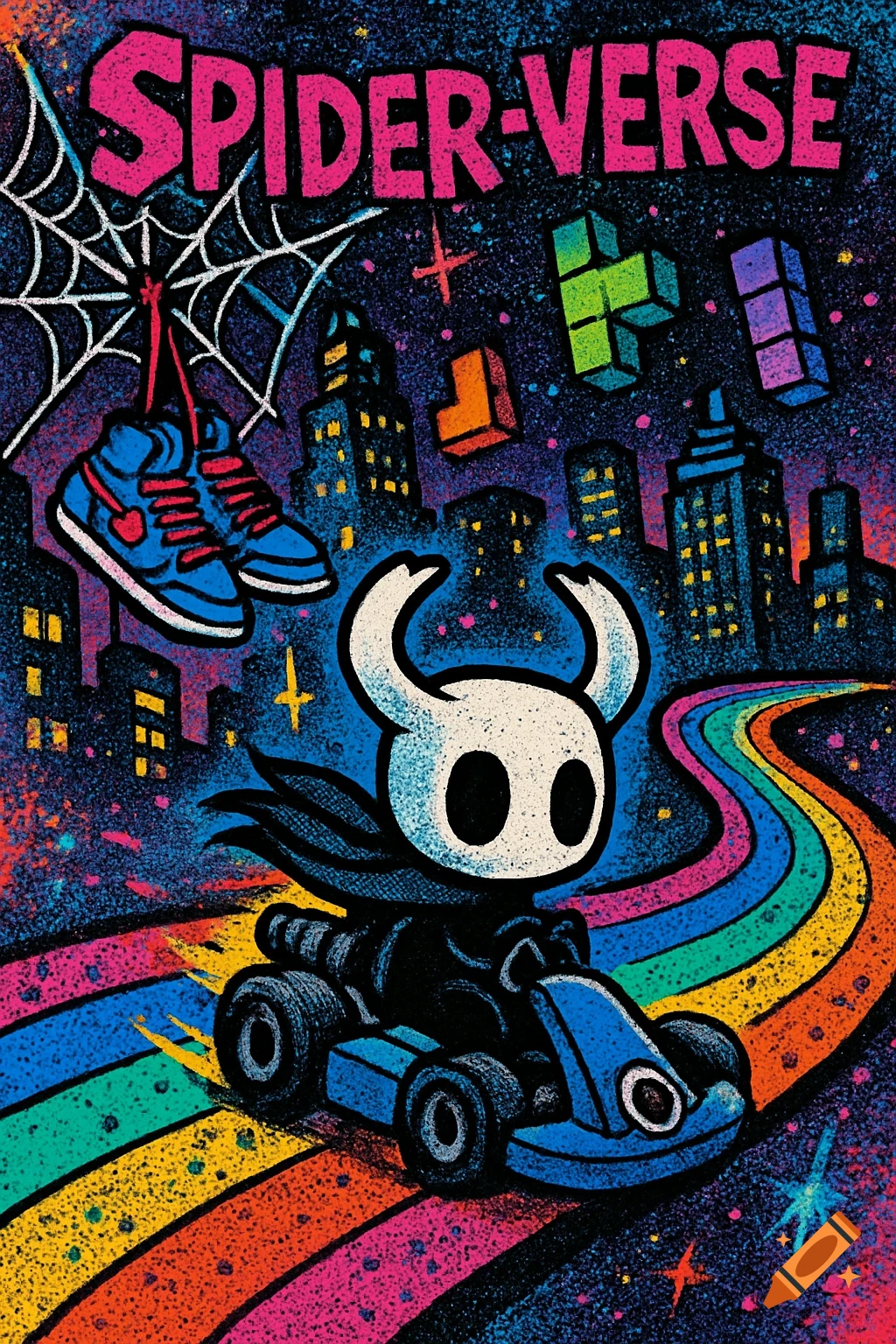 Colorful comic-book cover: Hollow Knight in go-kart on rainbow road, sneakers from web, neon cityscape, falling Tetris blocks, 'SPIDER-VERSE'.