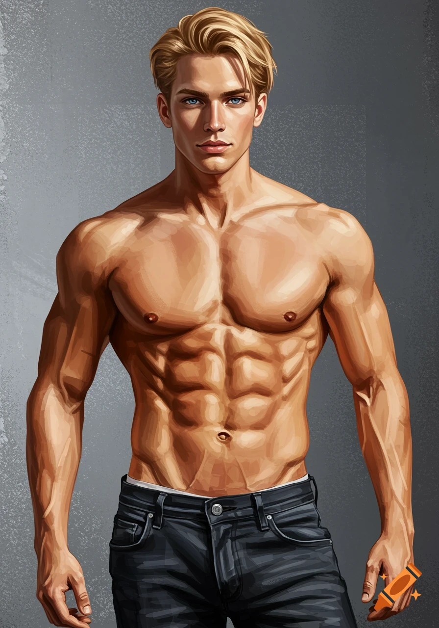 Digital art portrait of a muscular blonde man with blue eyes and defined abs, wearing jeans.