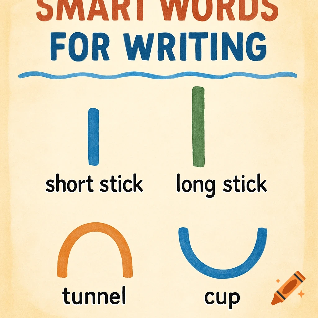 An illustrated educational poster titled 'Smart Words for Writing,' showing simple shapes like a short blue stick, a long green stick, an orange tunnel, and a blue cup.