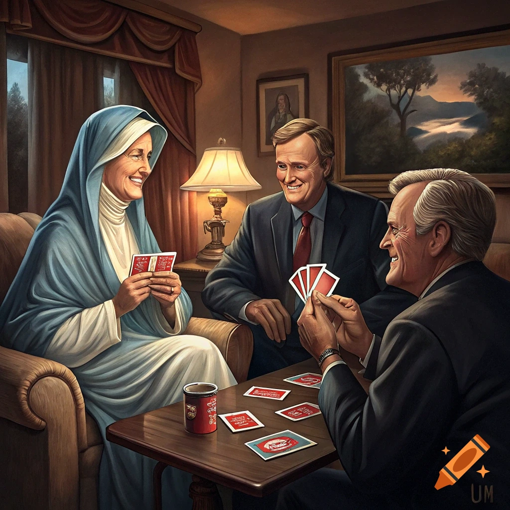 A smiling Virgin Mary plays cards with two men in suits at a table in a cozy room, an oil painting style.
