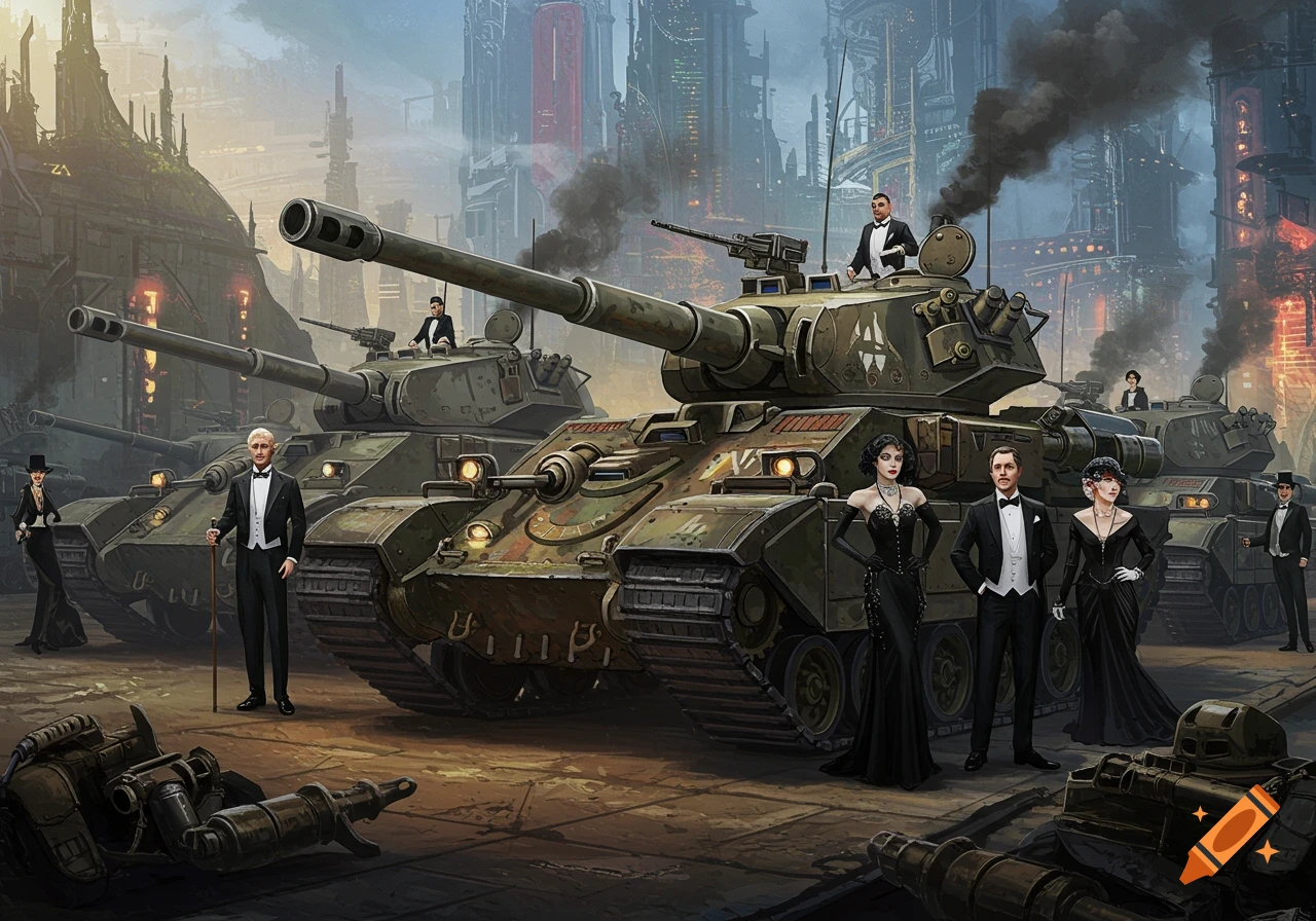 An army of military tanks driven and accompanied by men in tuxedos and women in black evening dresses, in a ruined cityscape.