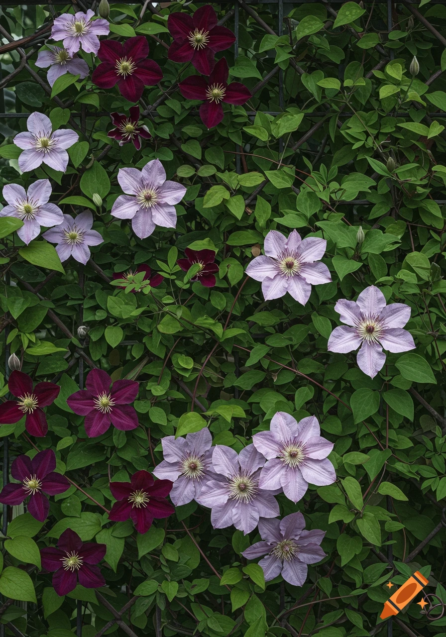 Close-up of vibrant light purple and deep maroon clematis flowers growing on a dark garden trellis, intertwined with lush green foliage.