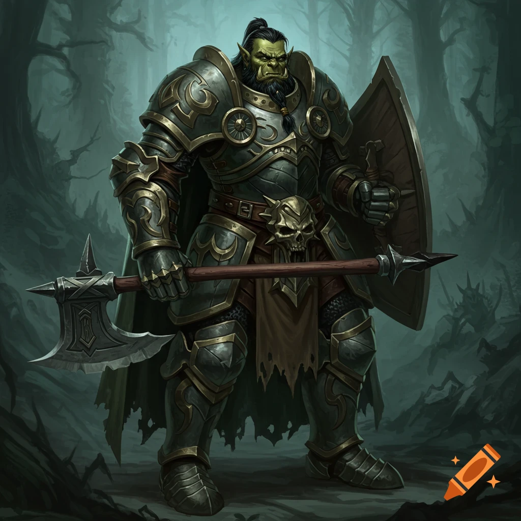 A powerful orc paladin in full plate armor, holding an axe and a shield, stands in a dark forest.