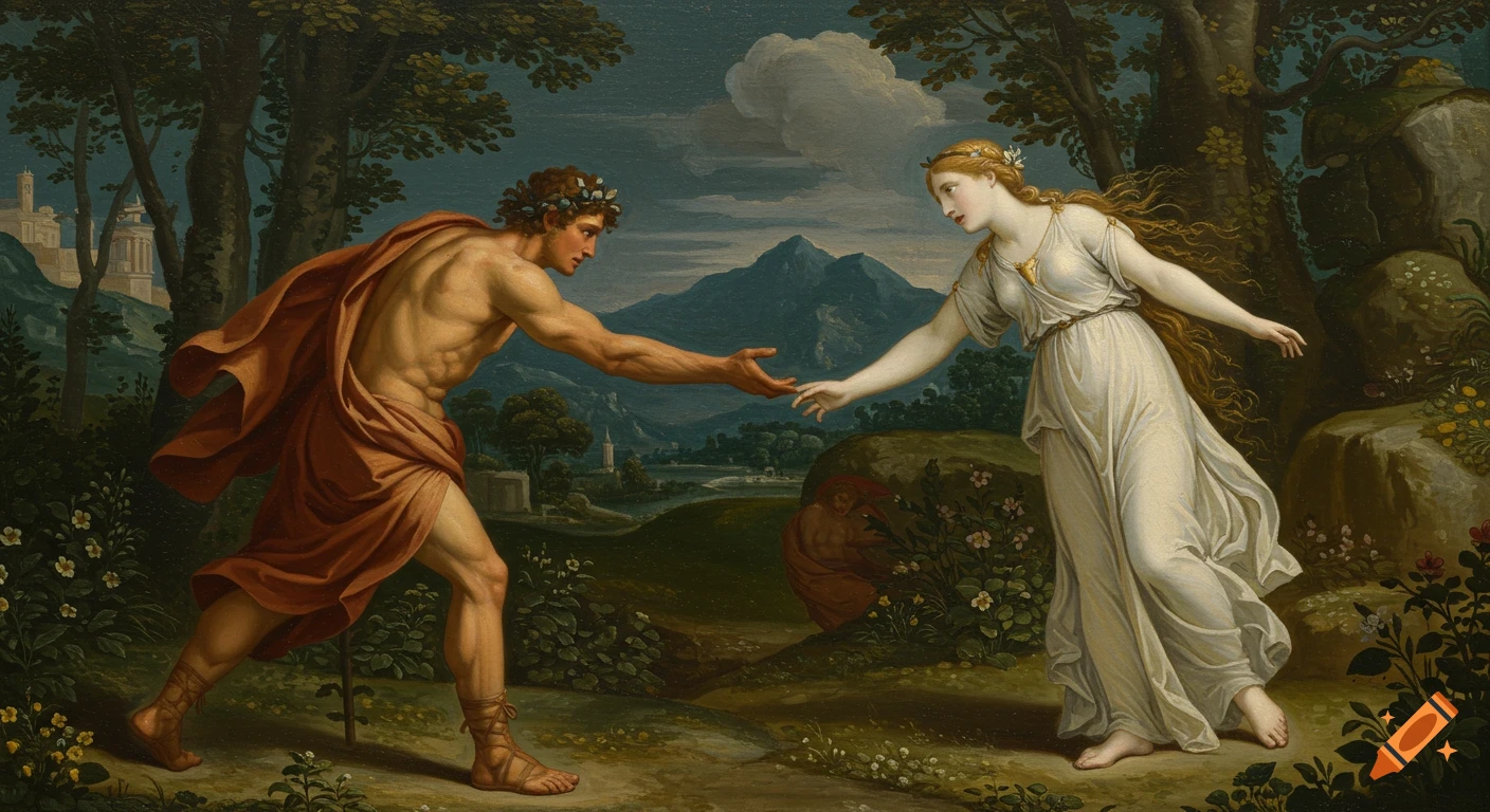 A Renaissance painting depicting Orpheus reaching for Eurydice in a mythological forest landscape.
