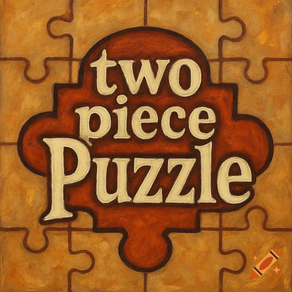 A logo featuring the words 'two piece Puzzle' in cream text on a red-brown shape, set against a background of tan puzzle pieces in a painterly style.