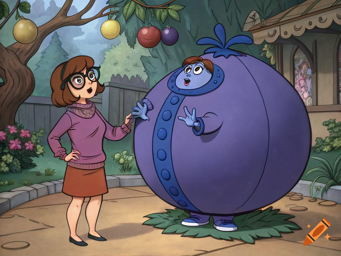 Velma from Scooby-Doo looks at a giant blueberry-inflated woman in a cartoon garden.