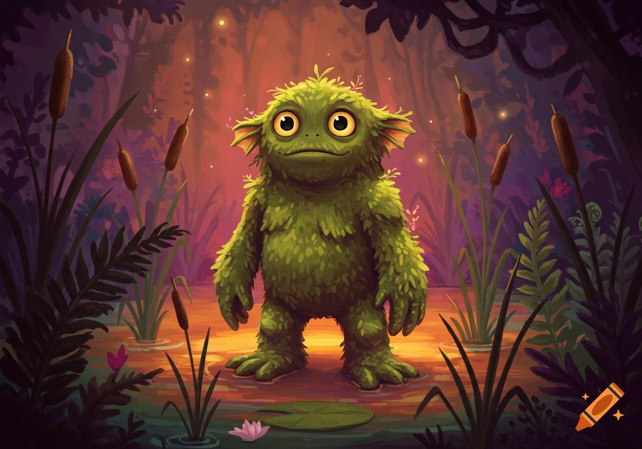 A cute, furry, green swamp monster with large yellow eyes stands in a vibrant, mystical bog at dusk.