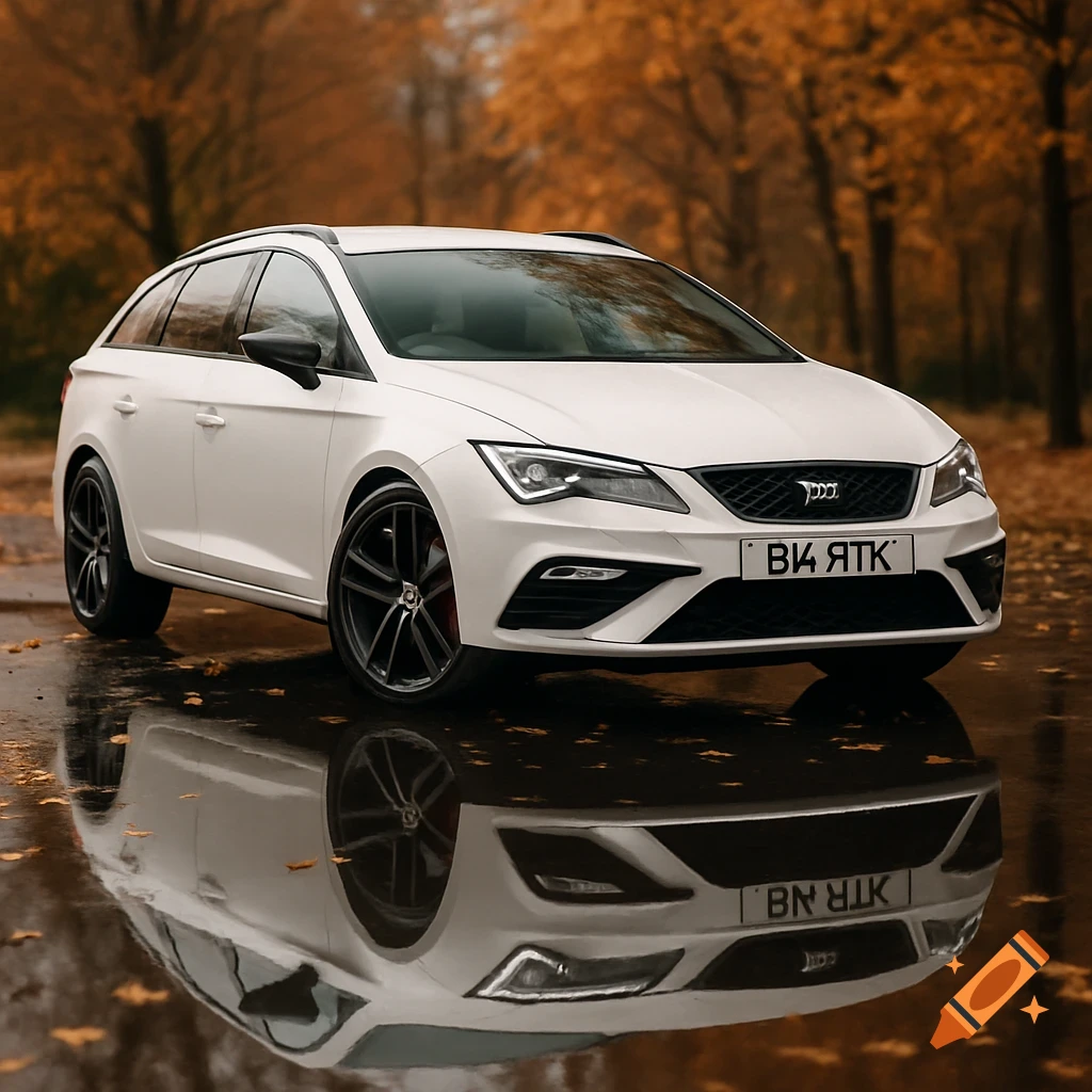 A white Seat Cupra ST car parked on a wet surface, reflecting in a puddle, with autumn trees in the background.