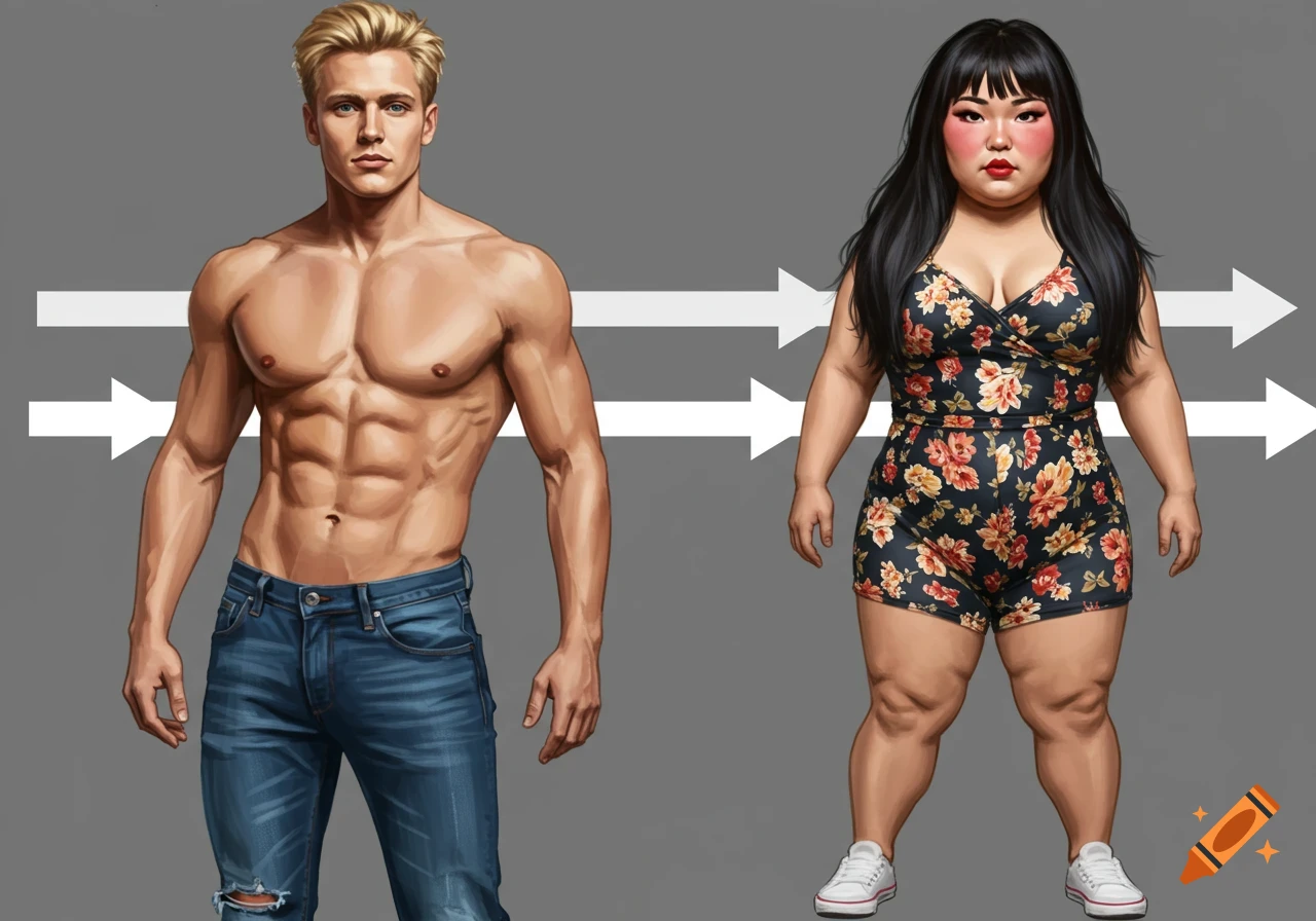 An illustration showing a muscular blonde man in jeans on the left and a short, plump woman in a floral romper on the right, with white arrows between them against a gray background.