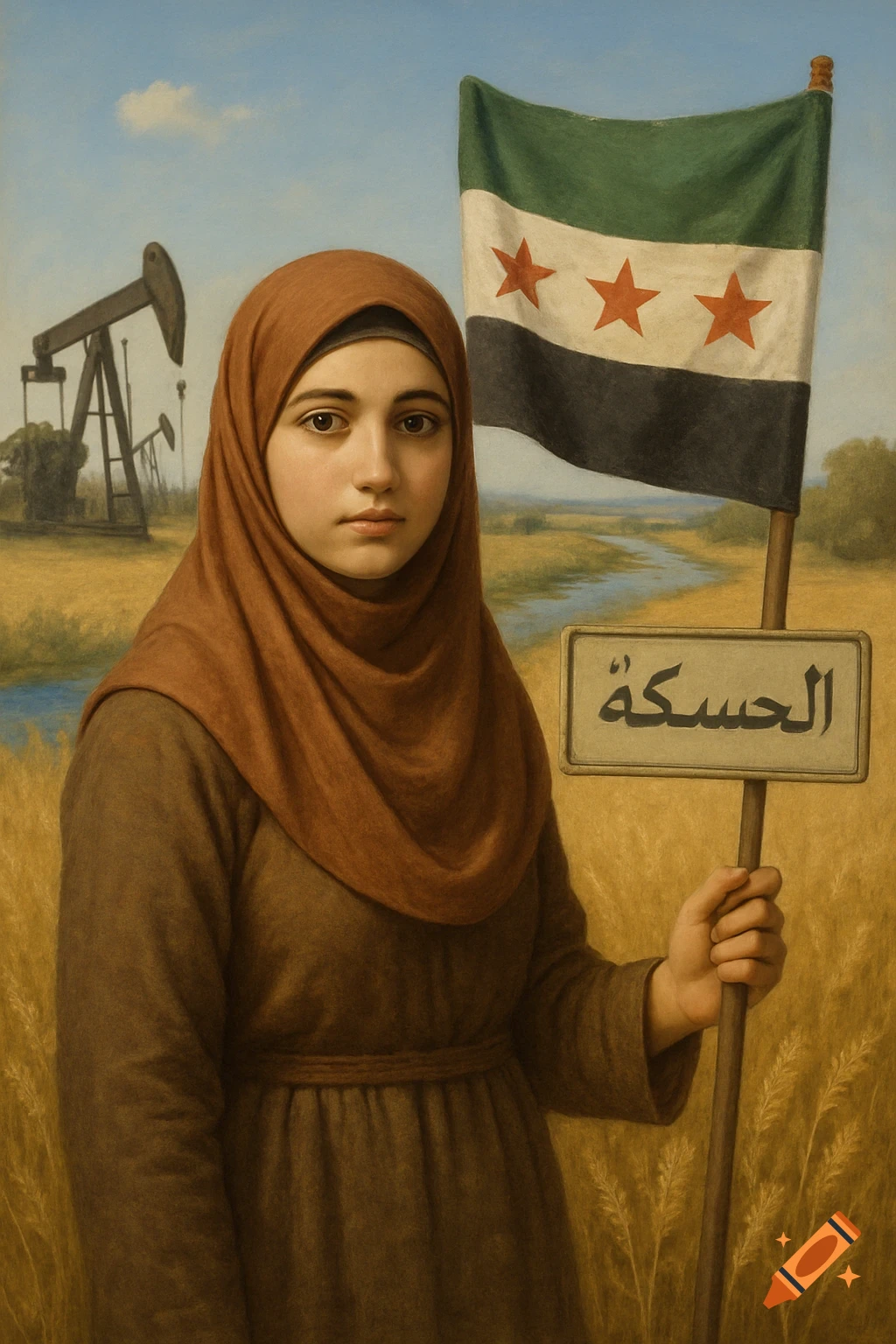 A modest girl in a hijab holds a Syrian opposition flag and an 'Al-Hasakah' sign in a golden wheat field with oil pumps in the background, painted style.