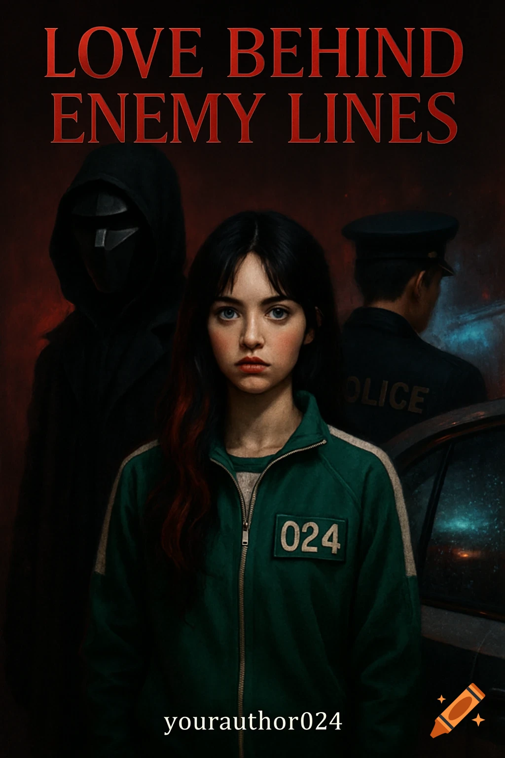 A young woman in a green tracksuit looks wary, flanked by a masked figure and a police officer in a dark, mysterious setting. Text: Love Behind Enemy Lines.