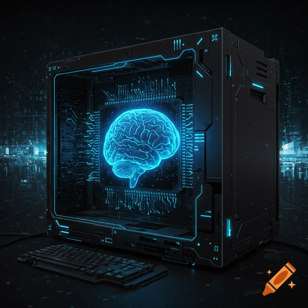 A dark, futuristic computer system with a glowing blue brain at its core, set against a backdrop of digital city lights.