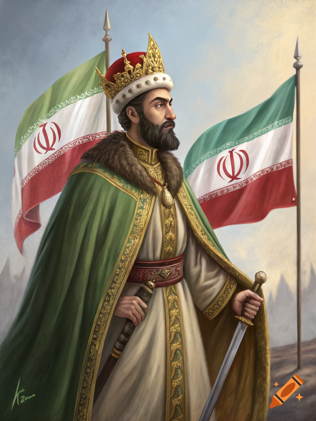 A man in royal attire with a crown and green cape holds a sword, standing before two Iranian flags.