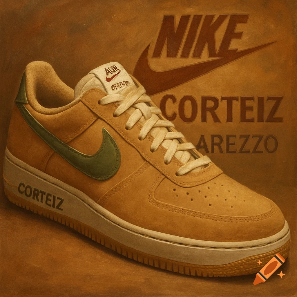A close-up, painting-style image of a tan Nike sneaker with a green swoosh, against a brown background with embossed Nike and Corteiz logos.