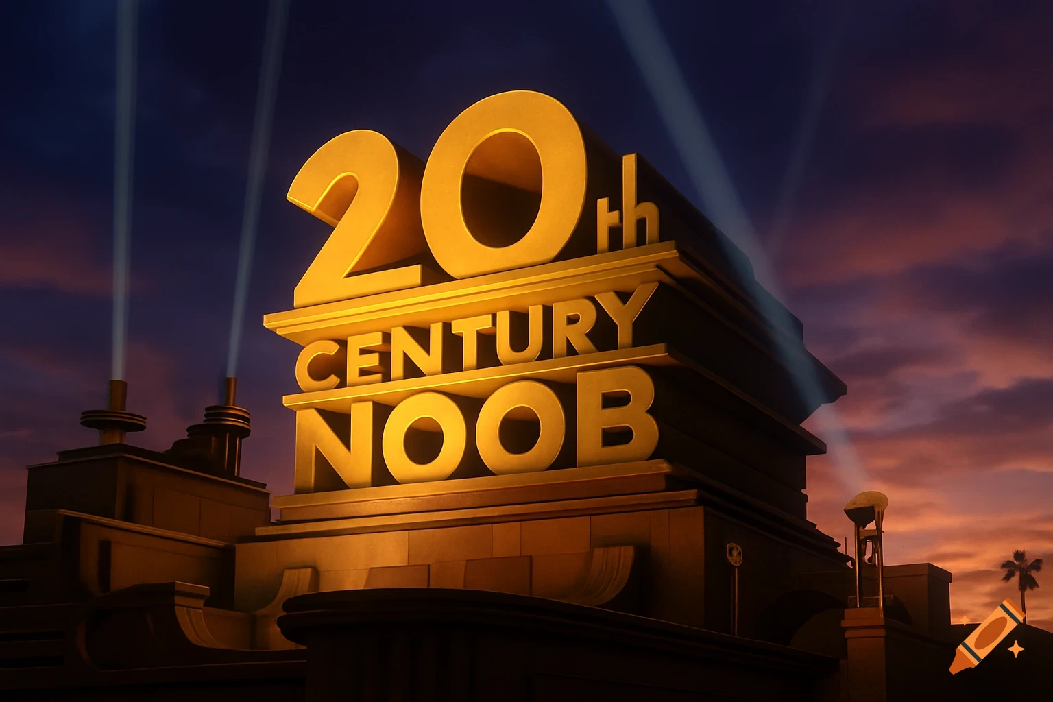Golden 3D text '20th CENTURY NOOB' in a parody of the 20th Century Fox logo, against a dramatic sunset sky with searchlights.