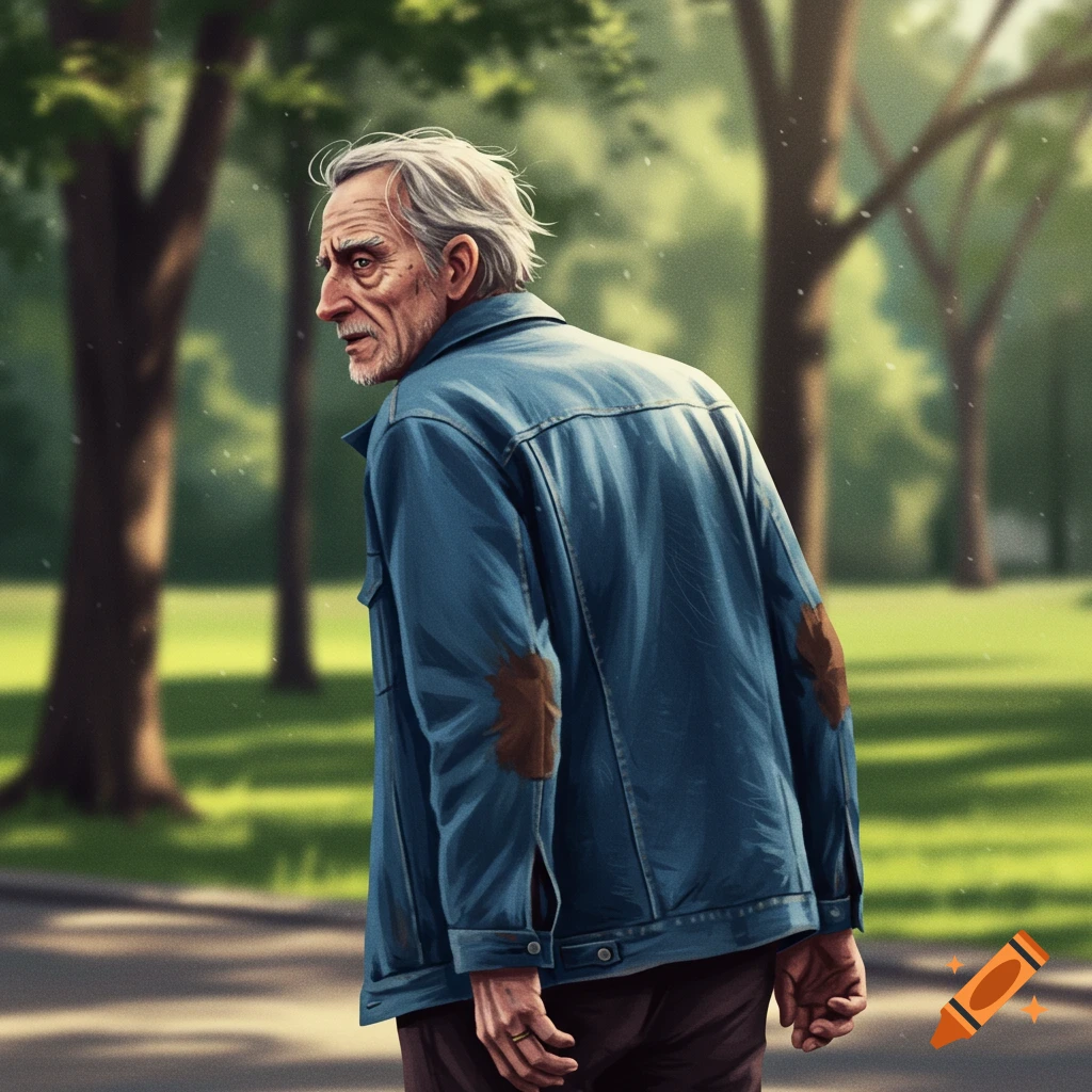 An elderly man in a blue jacket walks through a park, looking back over his shoulder in a painterly style.