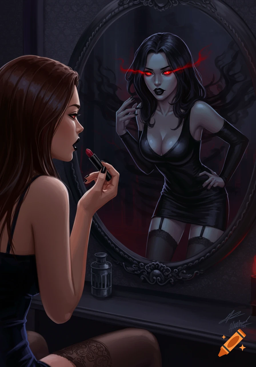A woman applying black lipstick sees her reflection as a dark seductress with glowing red eyes and a black dress in a stylized, gothic illustration.