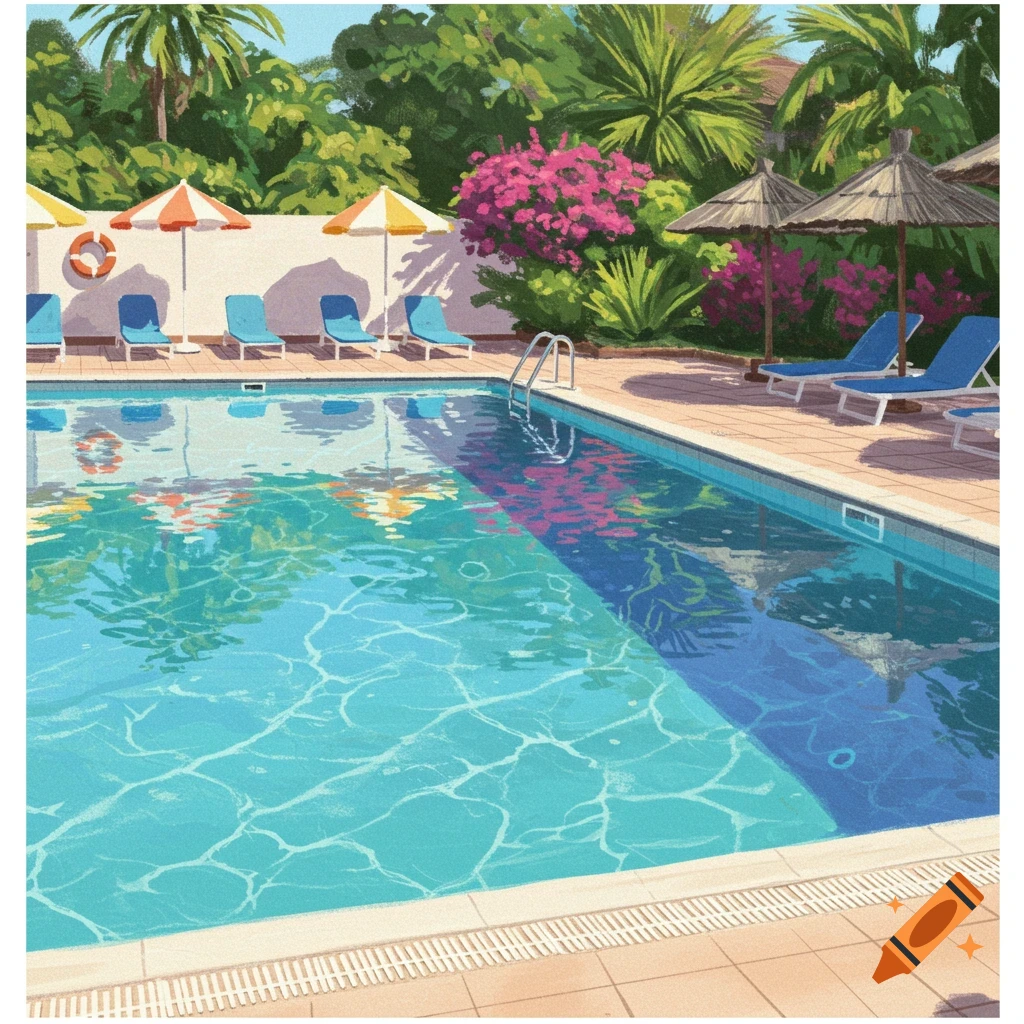 An illustration of a bright blue swimming pool with lounge chairs, umbrellas, and tropical plants under a sunny sky.