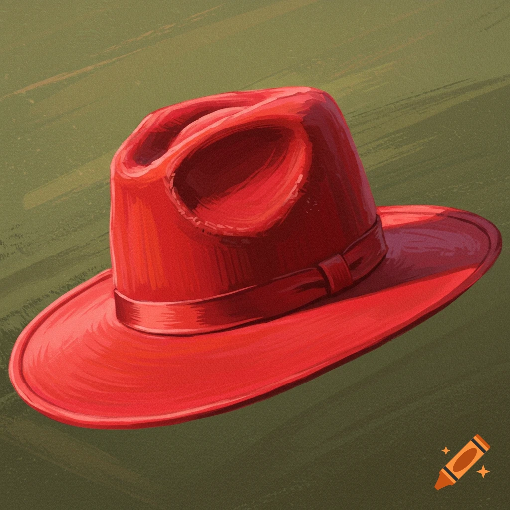 A vibrant red fedora-style hat with a band, illustrated on a textured green background.